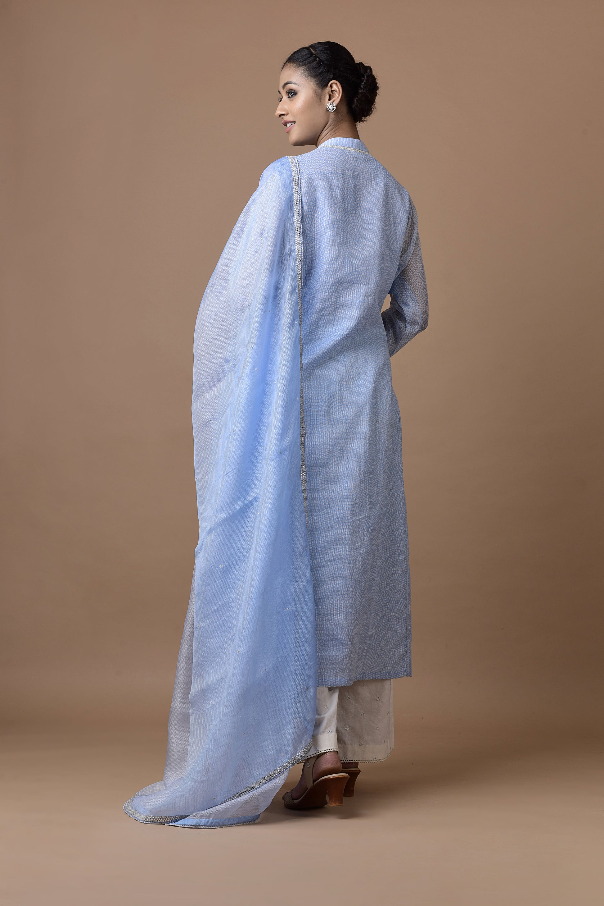 Banarasi Kota Tunic Light Blue Print With Mirror Embroidery Dupatta And Palazzo