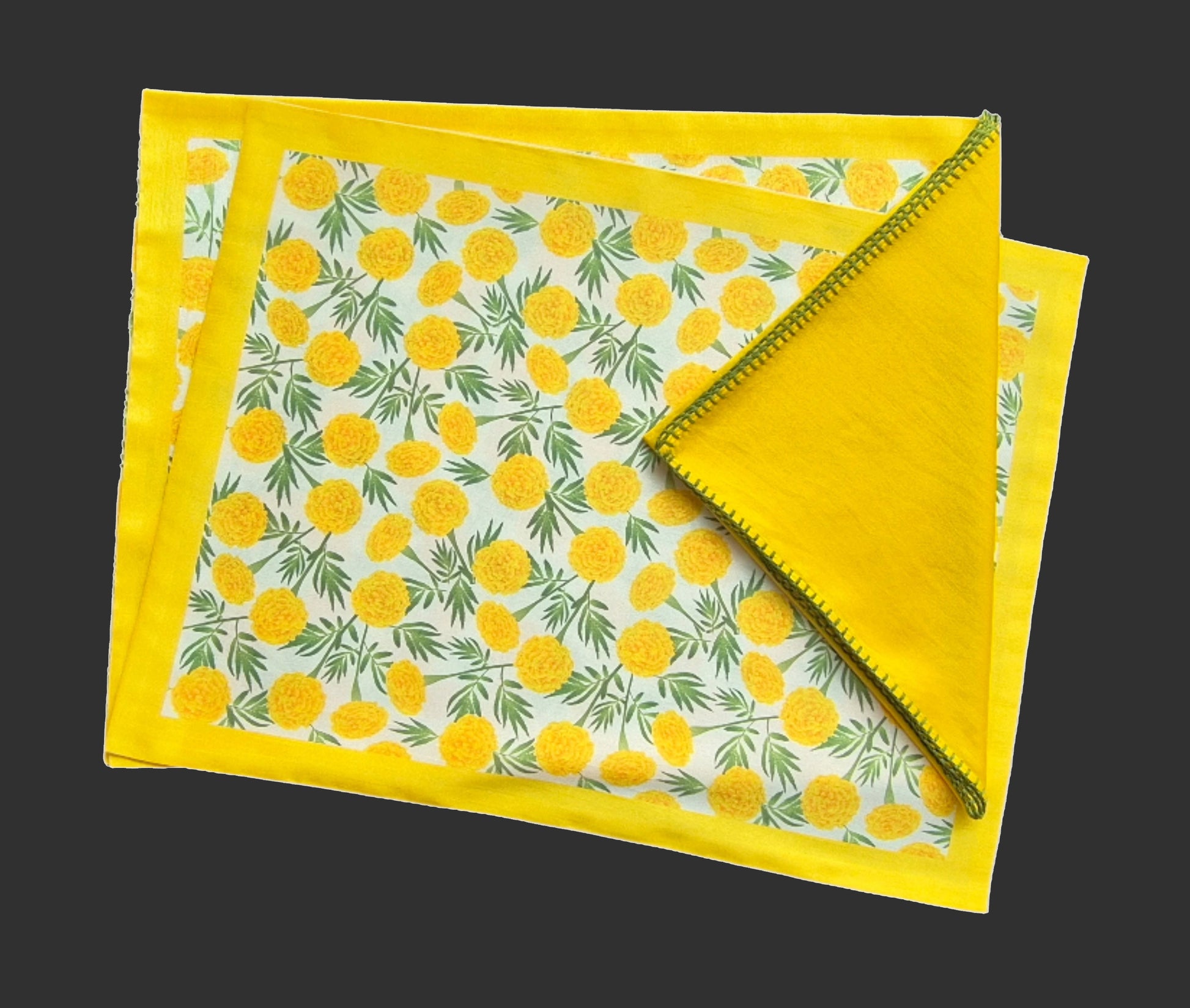 Dupion Silk Genda Flower Printed Yellow Mat Set