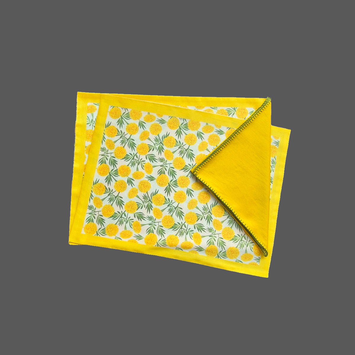 Dupion Silk Genda Flower Printed Yellow Mat Set
