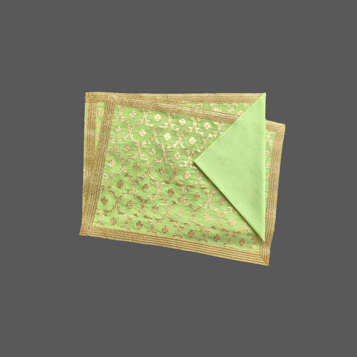 Woven Chanderi Leaf Jaal Flower Buti Pistachio Mat Set