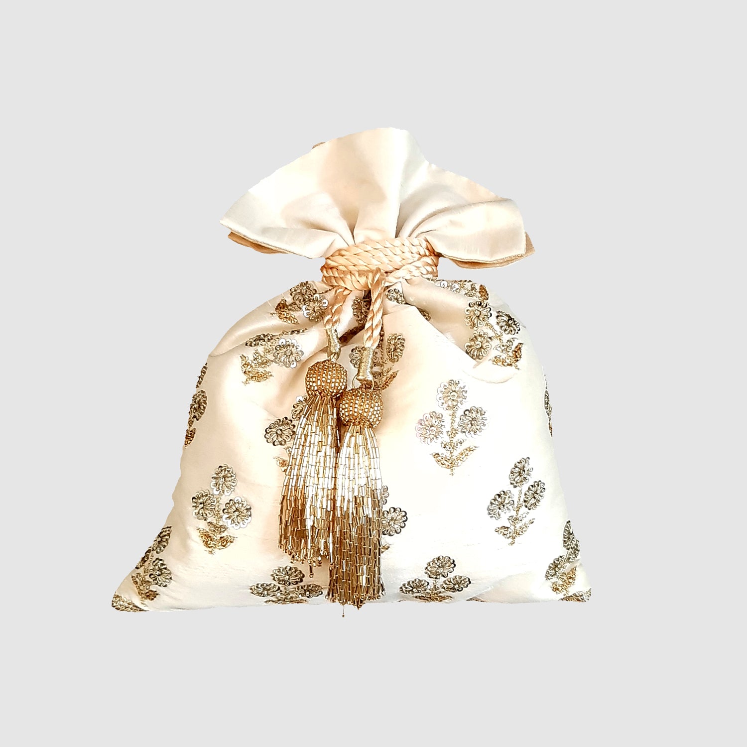 Dupion Silk Asharfi Flower Buti Embroidery White Potli
