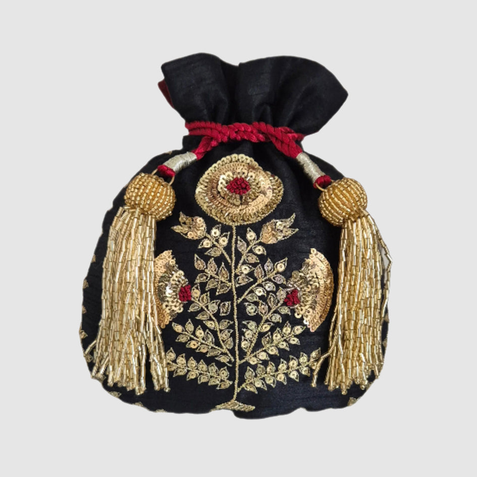 Dupion Silk Dhaliya Flower Big Buta Embroidery Potli - Black