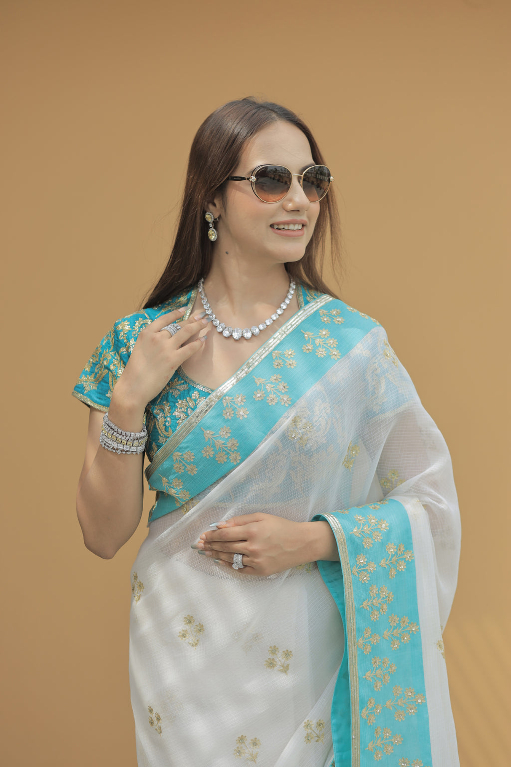 Kota Silk Aqua Border Aari Embroidery Flower Buti Skirt Border Off White Saree