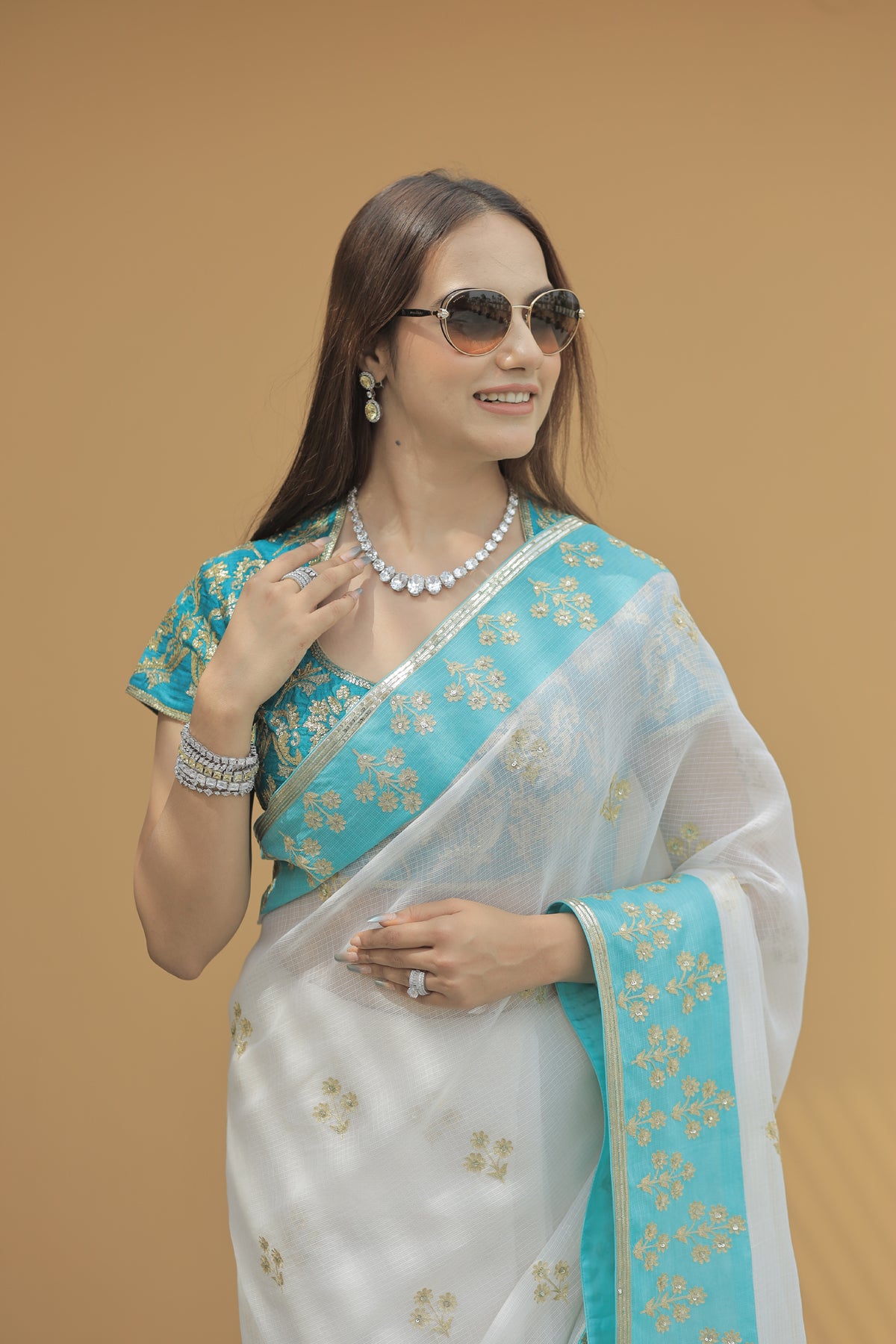 Kota Silk Aqua Border Aari Embroidery Flower Buti Skirt Border Off White Saree