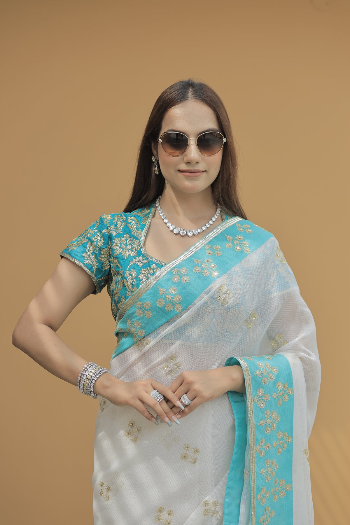 Kota Silk Aqua Border Aari Embroidery Flower Buti Skirt Border Off White Saree