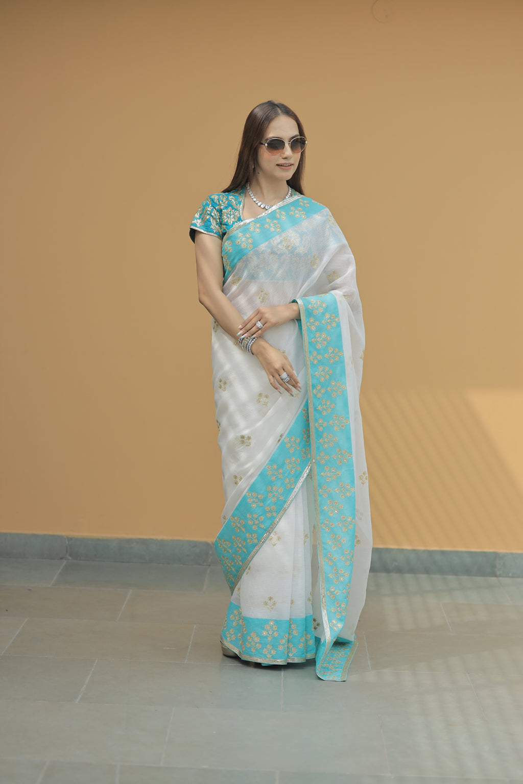 Kota Silk Aqua Border Aari Embroidery Flower Buti Skirt Border Off White Saree