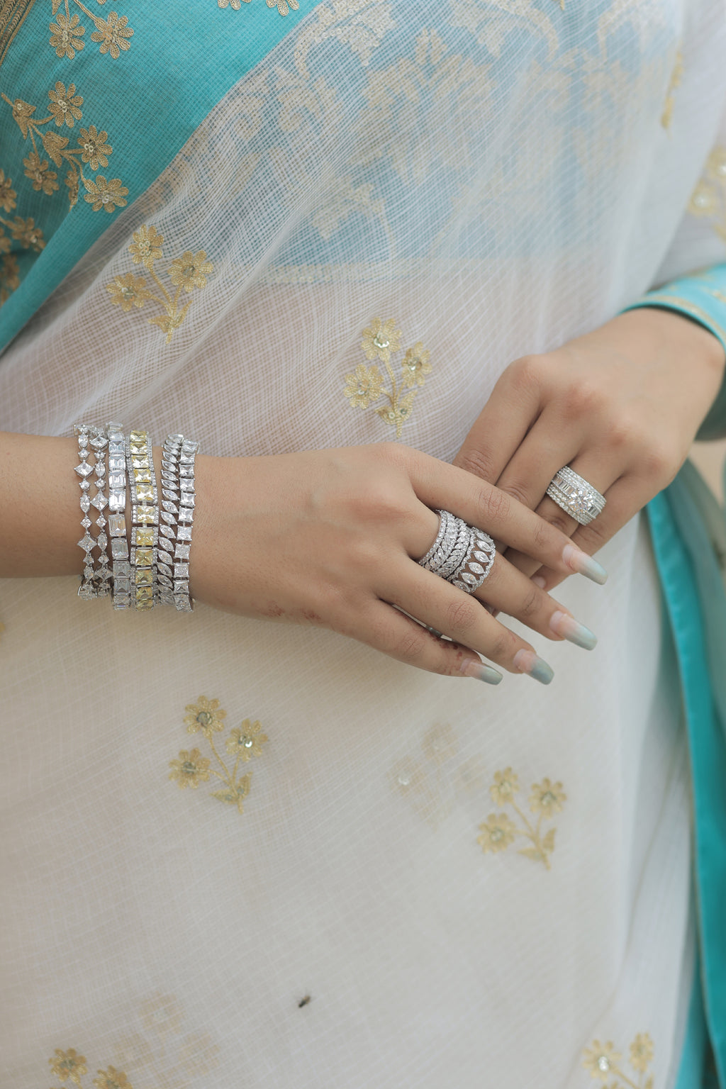 Kota Silk Aqua Border Aari Embroidery Flower Buti Skirt Border Off White Saree