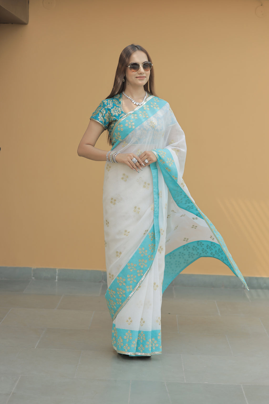 Kota Silk Aqua Border Aari Embroidery Flower Buti Skirt Border Off White Saree