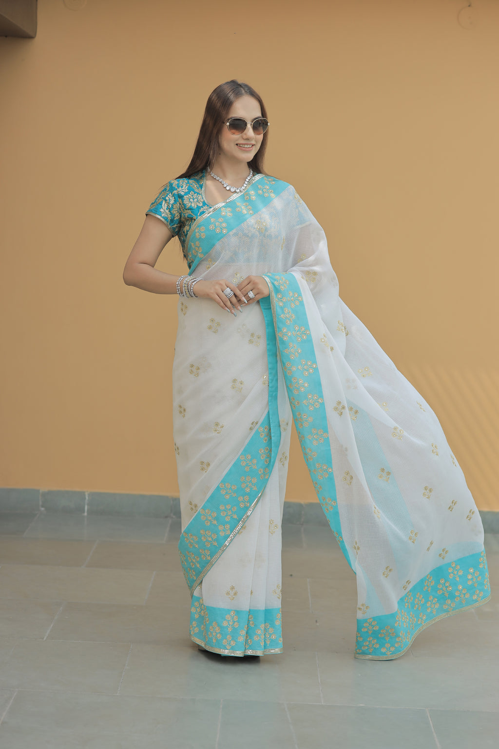 Kota Silk Aqua Border Aari Embroidery Flower Buti Skirt Border Off White Saree