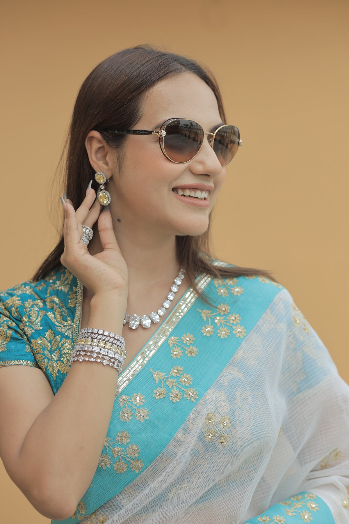 Kota Silk Aqua Border Aari Embroidery Flower Buti Skirt Border Off White Saree
