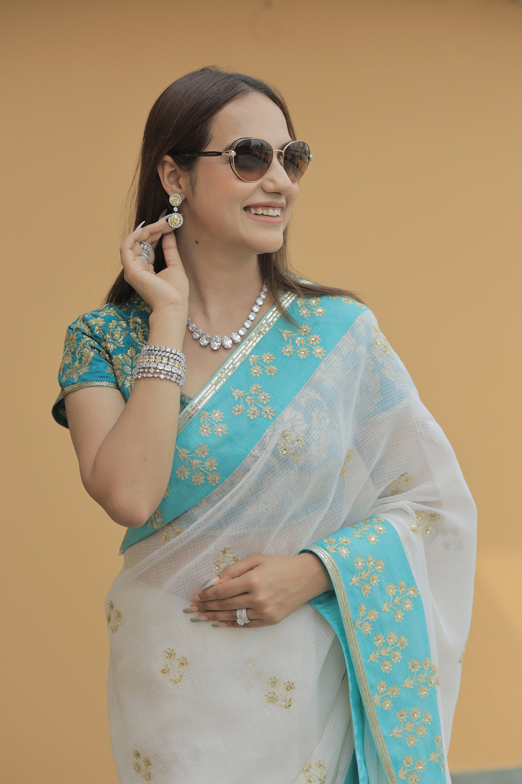 Kota Silk Aqua Border Aari Embroidery Flower Buti Skirt Border Off White Saree