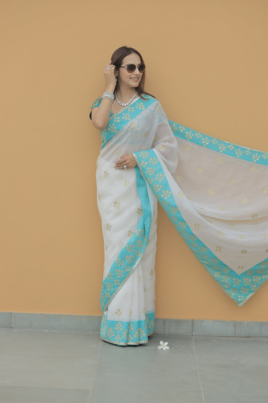 Kota Silk Aqua Border Aari Embroidery Flower Buti Skirt Border Off White Saree