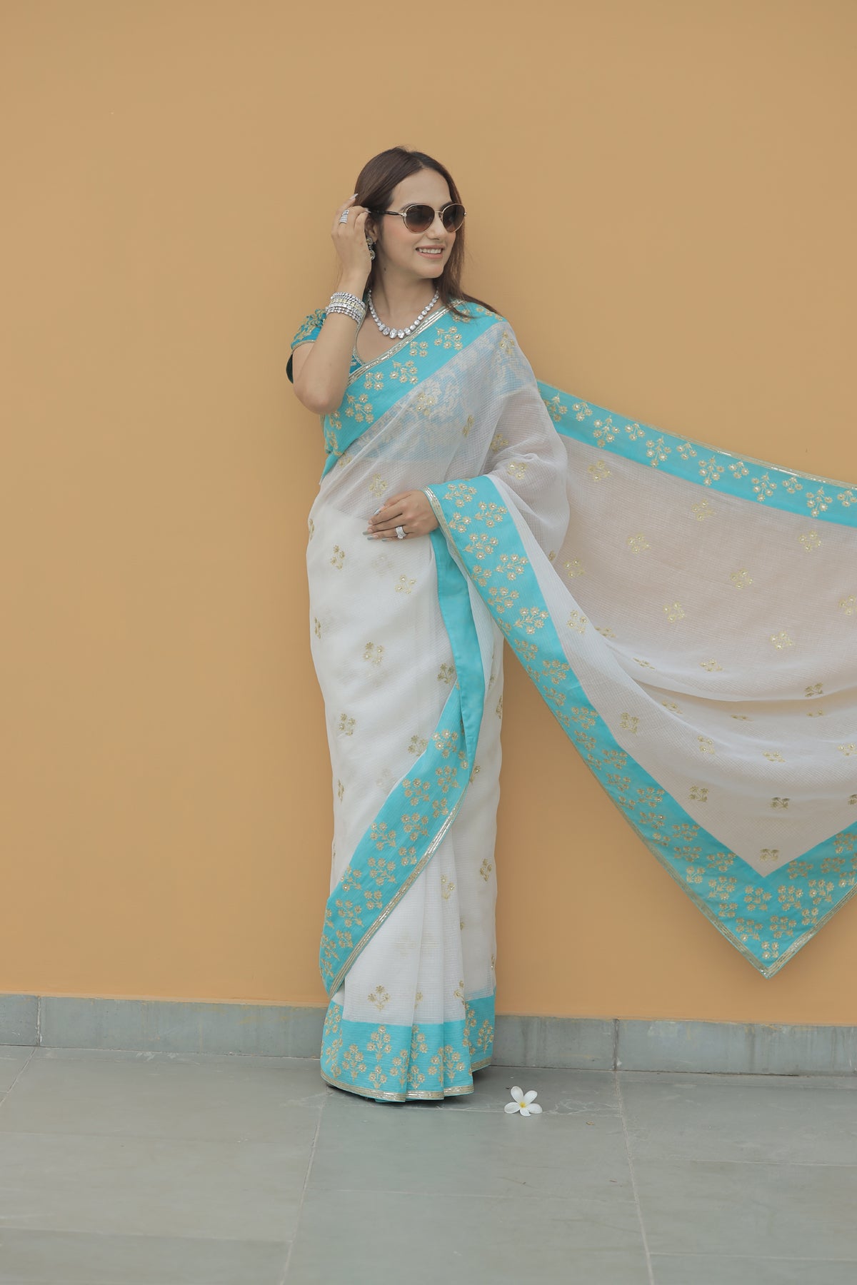 Kota Silk Aqua Border Aari Embroidery Flower Buti Skirt Border Off White Saree
