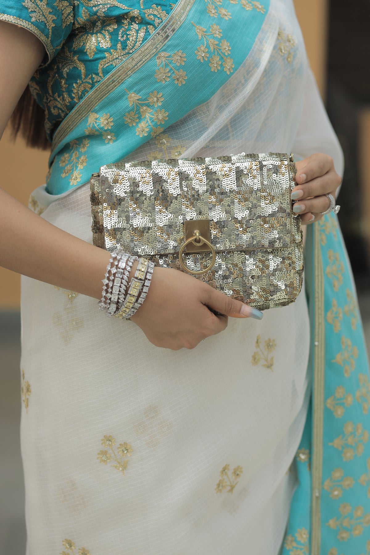 Kota Silk Aqua Border Aari Embroidery Flower Buti Skirt Border Off White Saree