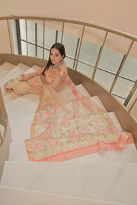 Kota Tissue Hand Painted Pink Rose Skirt Border With Sequence Highlighting Gold Saree