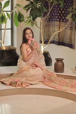 Load image into Gallery viewer, Kota Tissue Hand Painted Pink Rose Skirt Border With Sequence Highlighting Gold Saree
