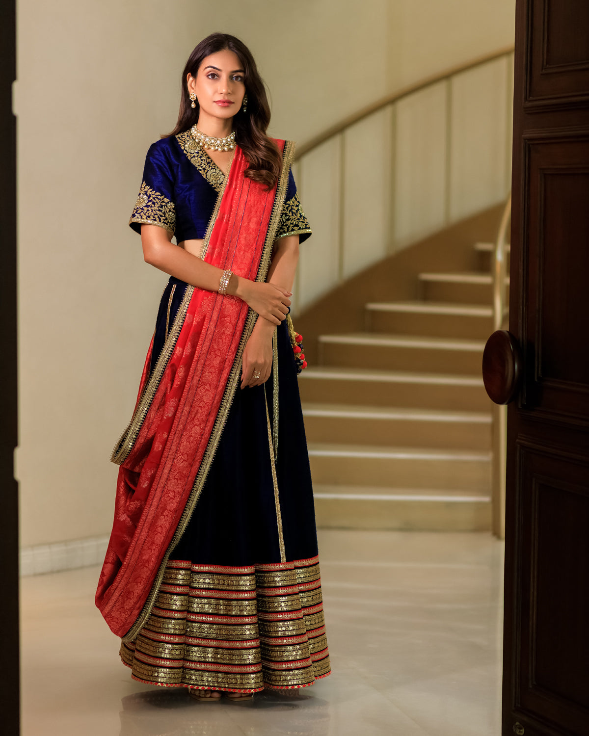Dupion Silk Lehenga Gulbahar Jaal with Embroidery Lehenga Set - Indigo