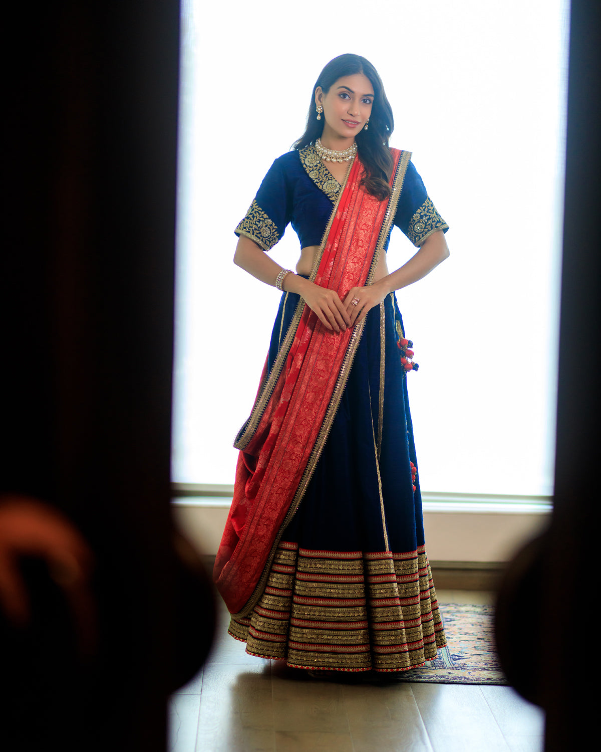Dupion Silk Lehenga Gulbahar Jaal with Embroidery Lehenga Set - Indigo