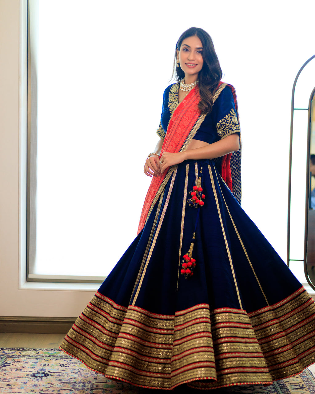 Dupion Silk Lehenga Gulbahar Jaal with Embroidery Lehenga Set - Indigo
