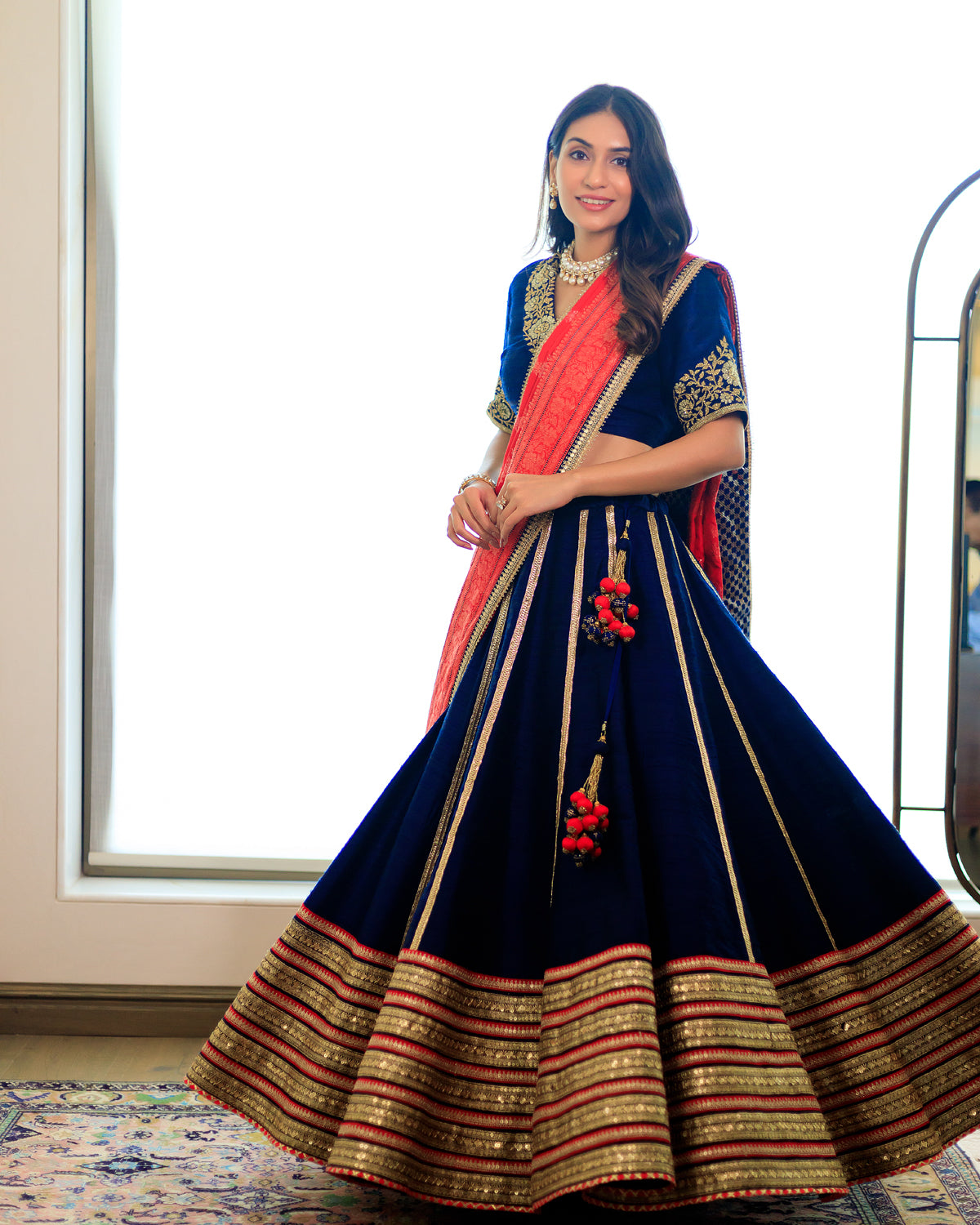 Dupion Silk Lehenga Gulbahar Jaal with Embroidery Lehenga Set - Indigo
