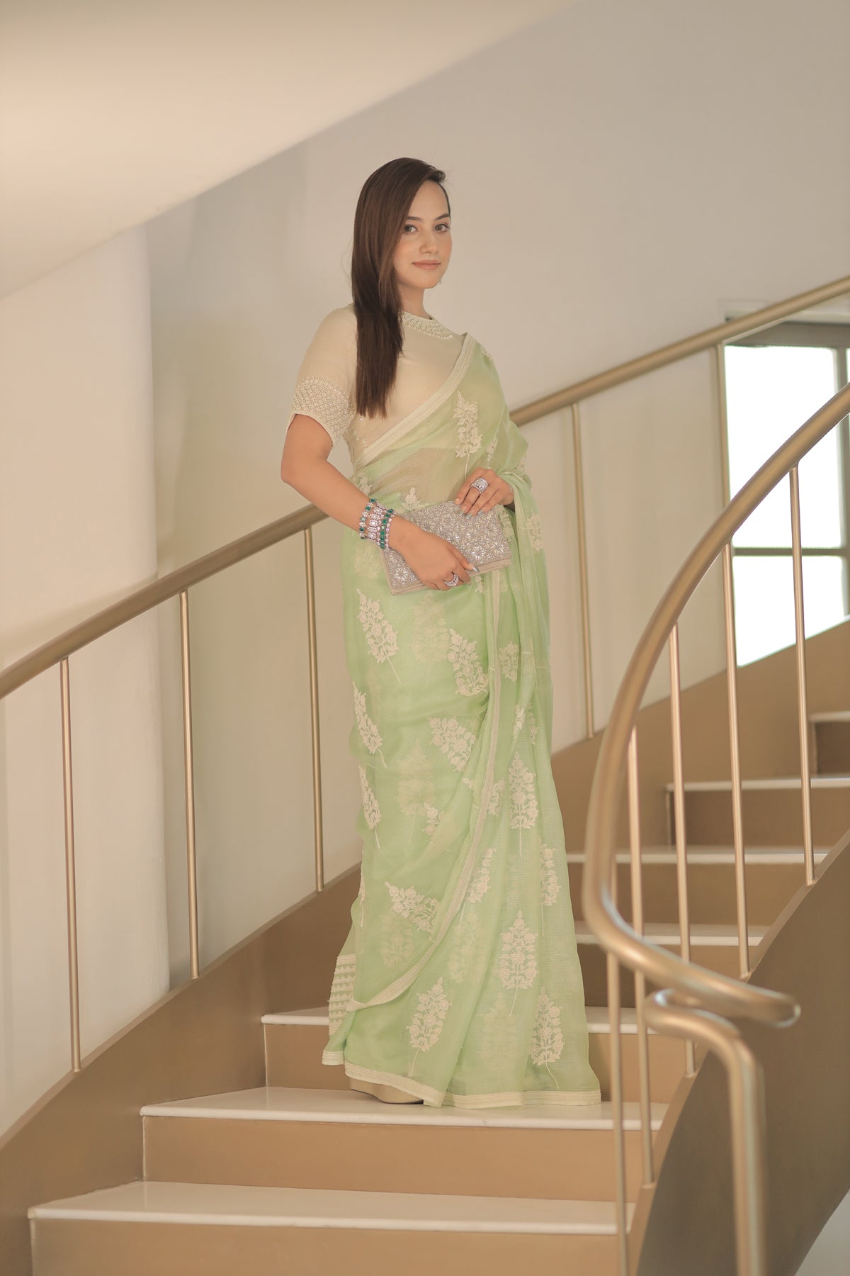 Kota Silk Off White Khadi Print With Dori Pearl Embroidery Pistachio Saree