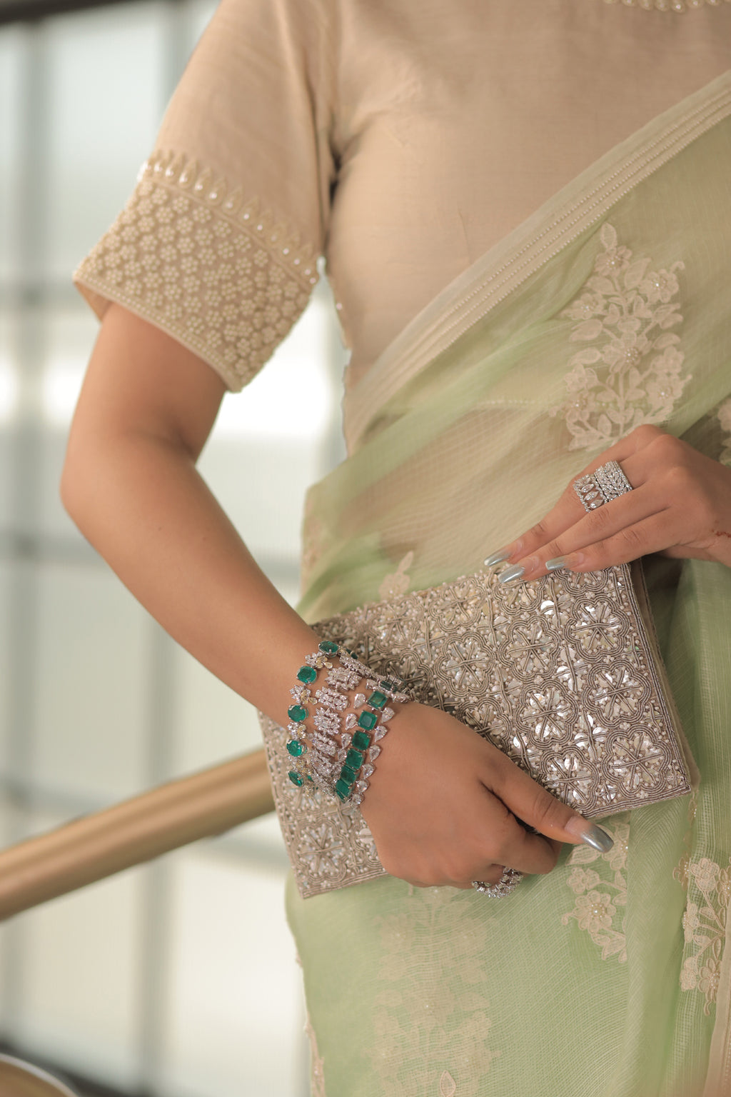 Kota Silk Off White Khadi Print With Dori Pearl Embroidery Pistachio Saree