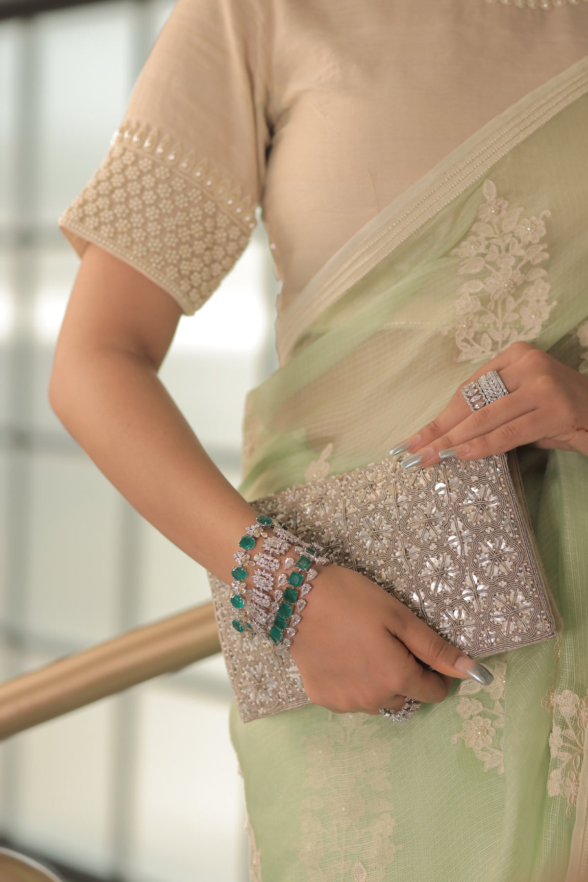 Kota Silk Off White Khadi Print With Dori Pearl Embroidery Pistachio Saree
