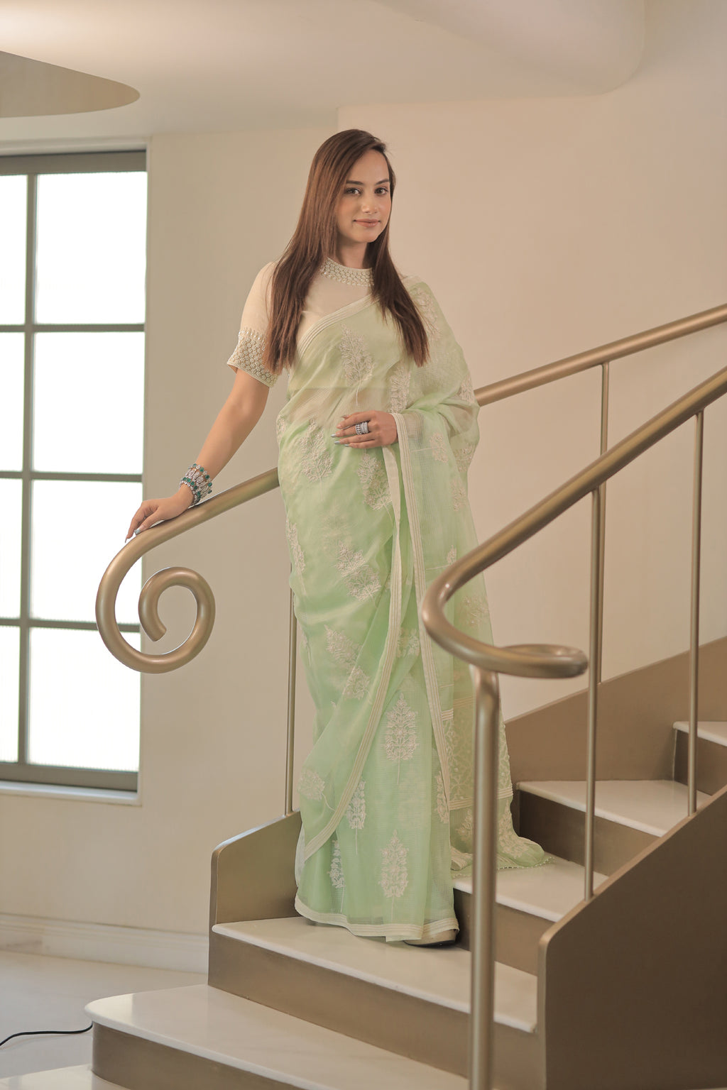 Kota Silk Off White Khadi Print With Dori Pearl Embroidery Pistachio Saree
