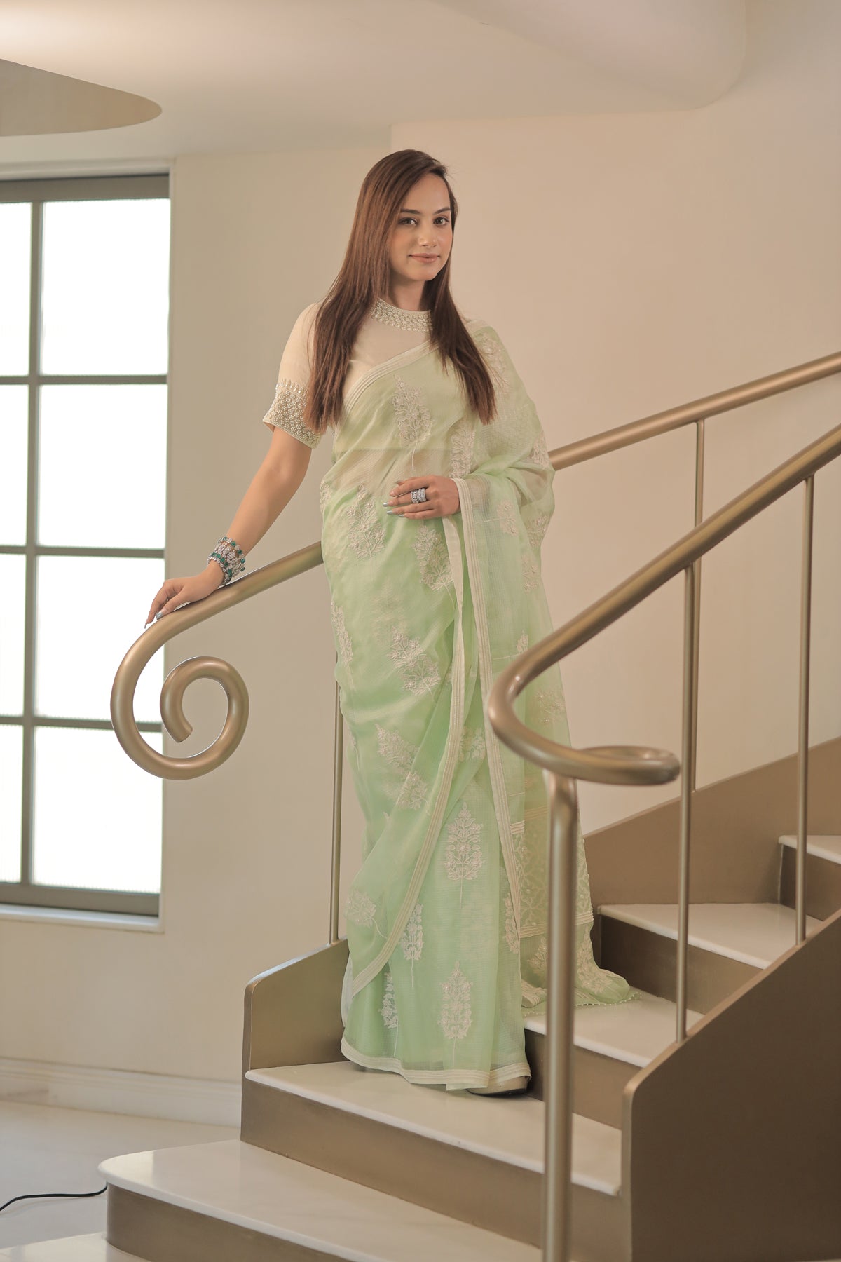 Kota Silk Off White Khadi Print With Dori Pearl Embroidery Pistachio Saree