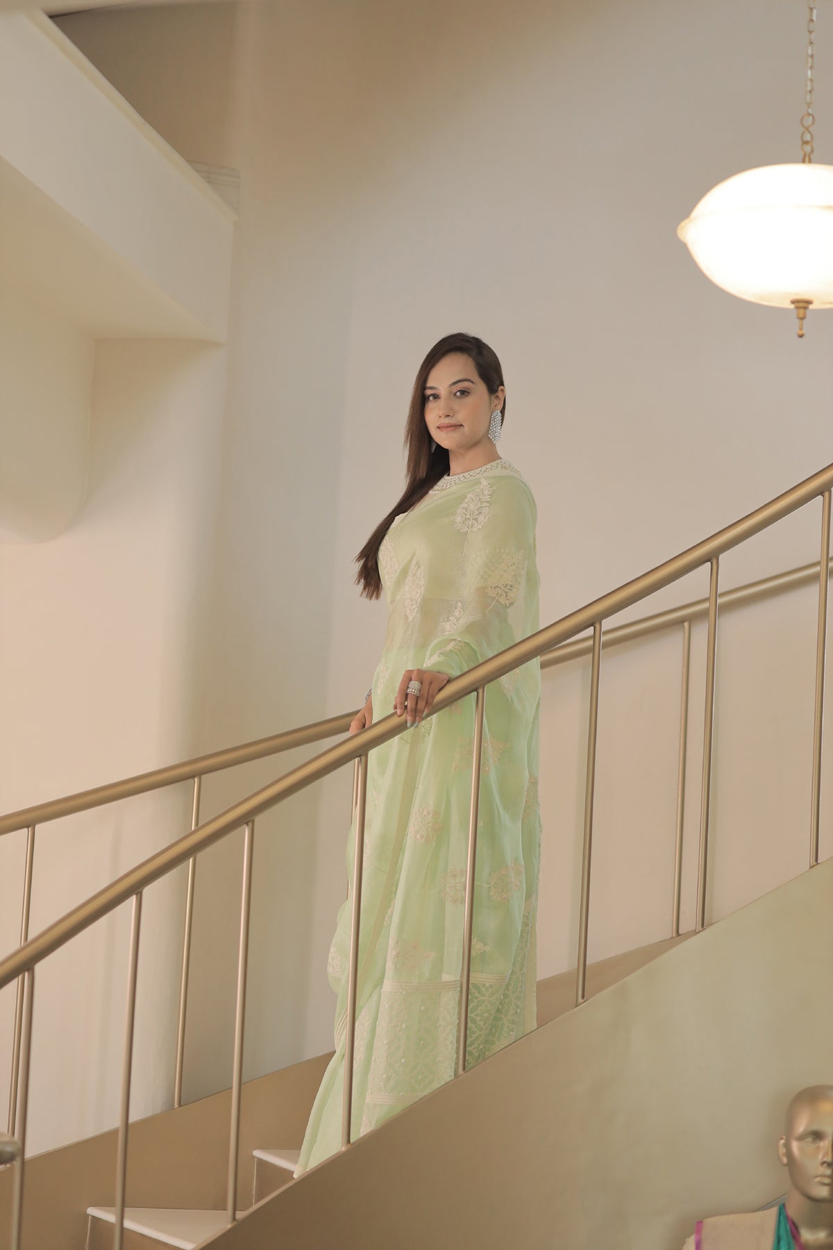 Kota Silk Off White Khadi Print With Dori Pearl Embroidery Pistachio Saree