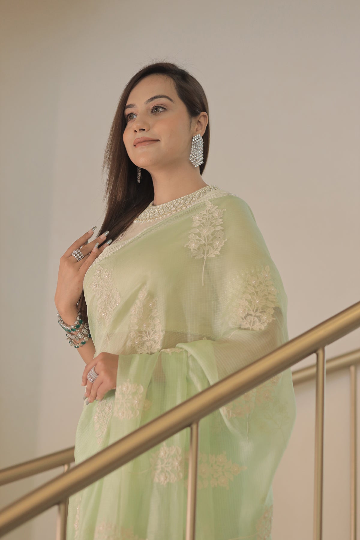 Kota Silk Off White Khadi Print With Dori Pearl Embroidery Pistachio Saree