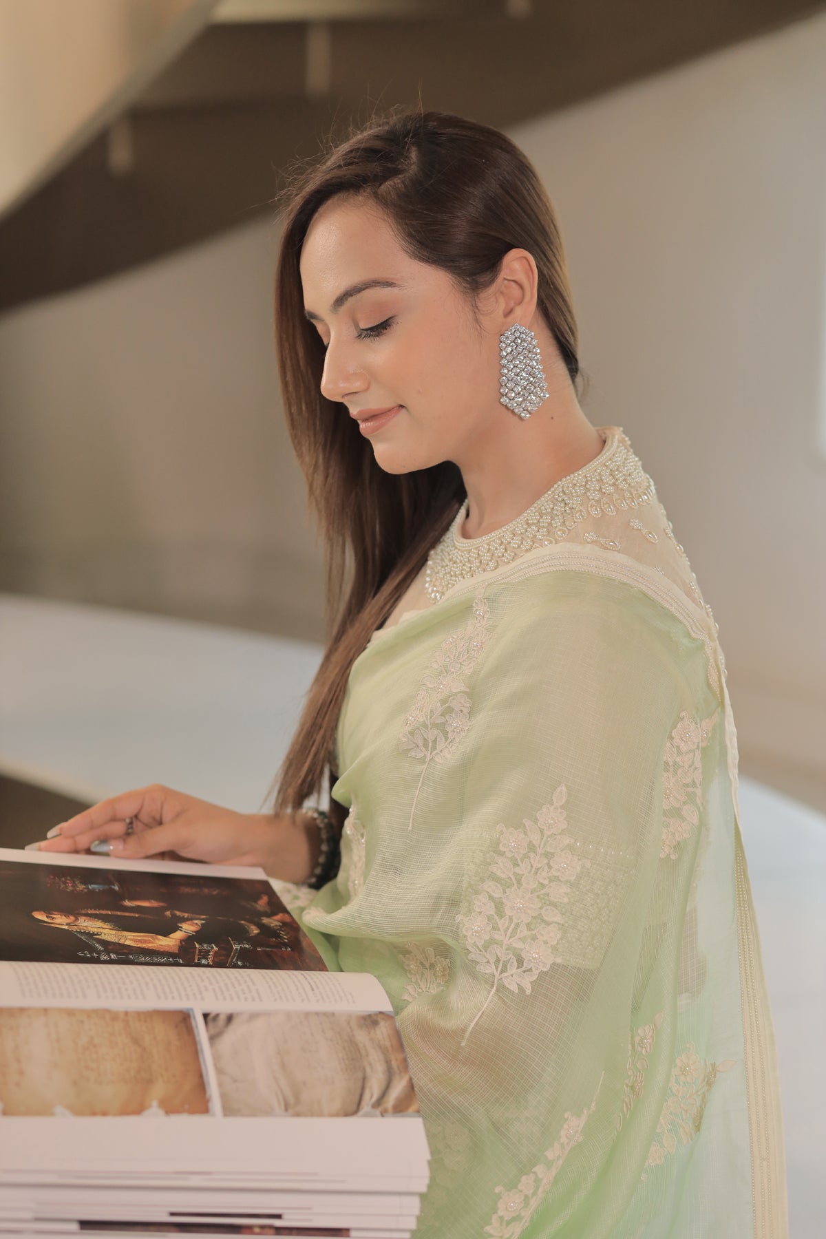 Kota Silk Off White Khadi Print With Dori Pearl Embroidery Pistachio Saree