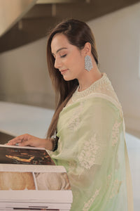 Kota Silk Off White Khadi Print With Dori Pearl Embroidery Pistachio Saree