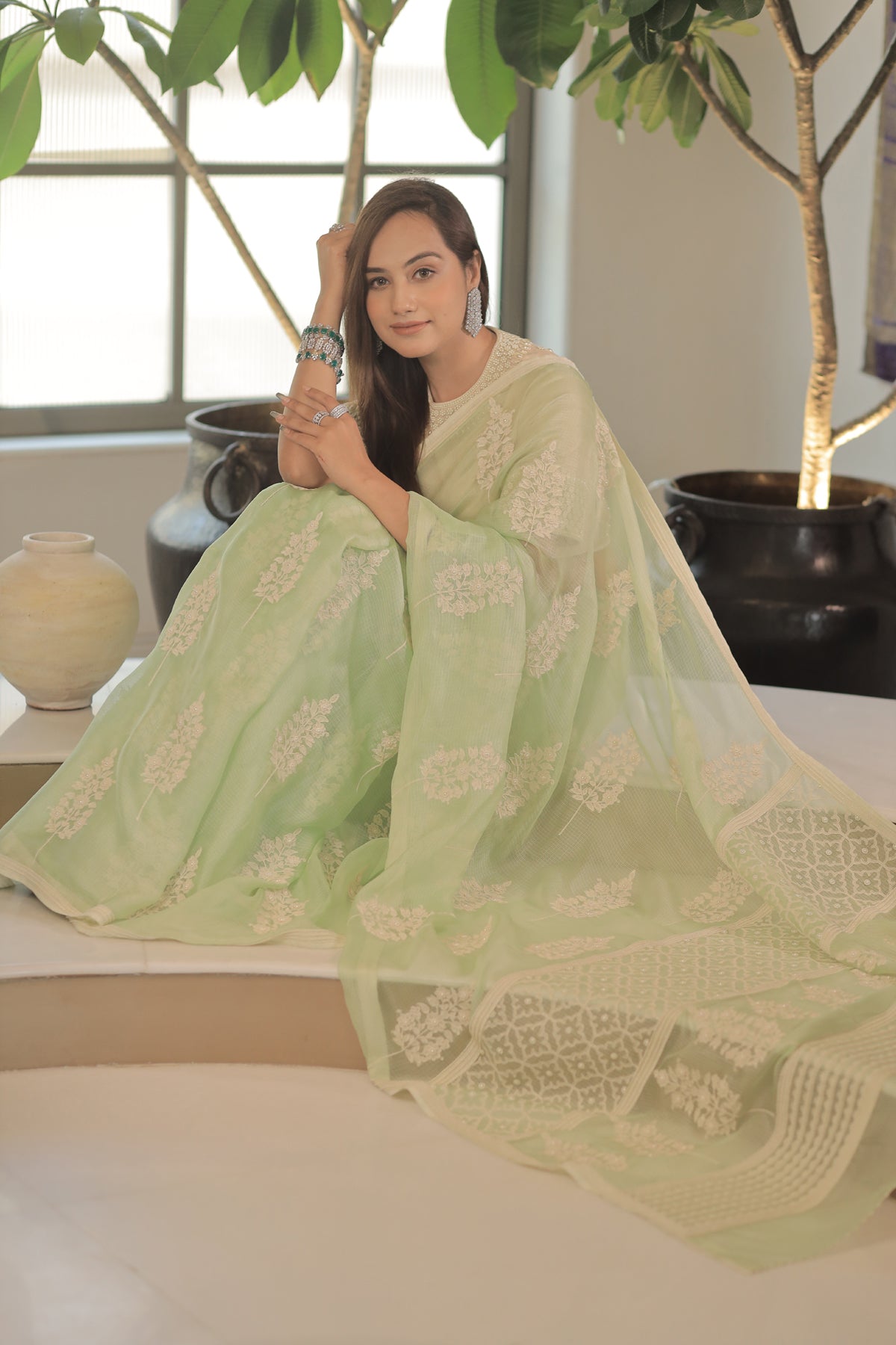 Kota Silk Off White Khadi Print With Dori Pearl Embroidery Pistachio Saree