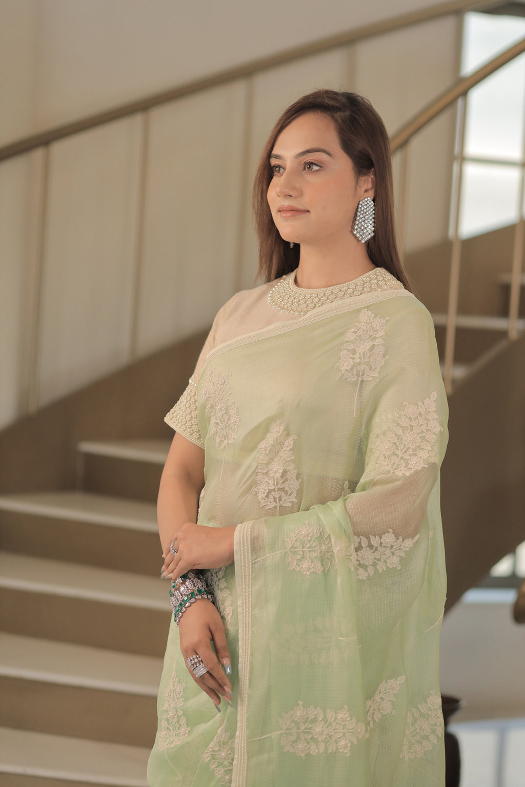 Kota Silk Off White Khadi Print With Dori Pearl Embroidery Pistachio Saree