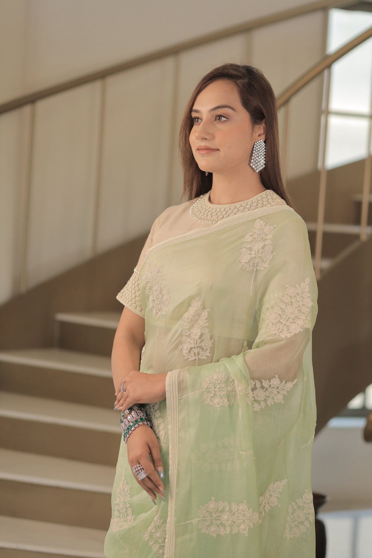 Kota Silk Off White Khadi Print With Dori Pearl Embroidery Pistachio Saree