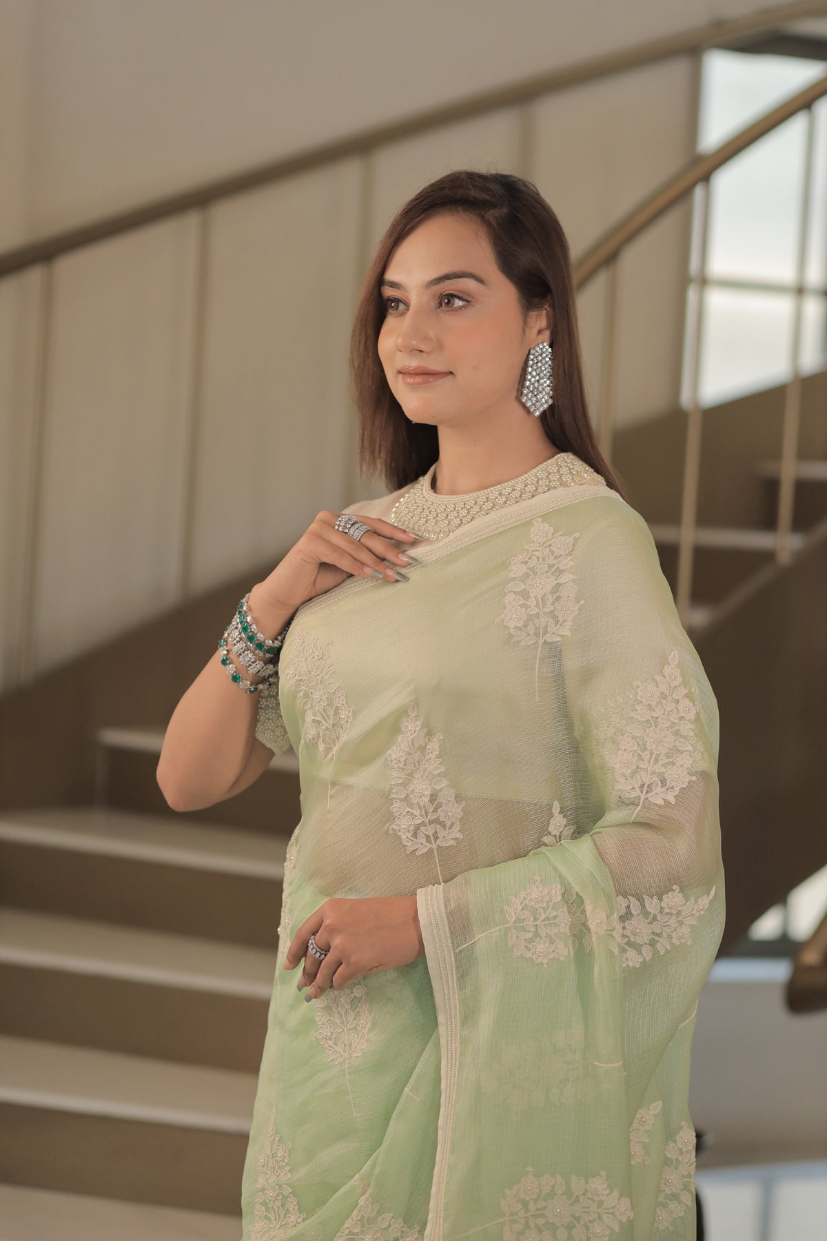 Kota Silk Off White Khadi Print With Dori Pearl Embroidery Pistachio Saree