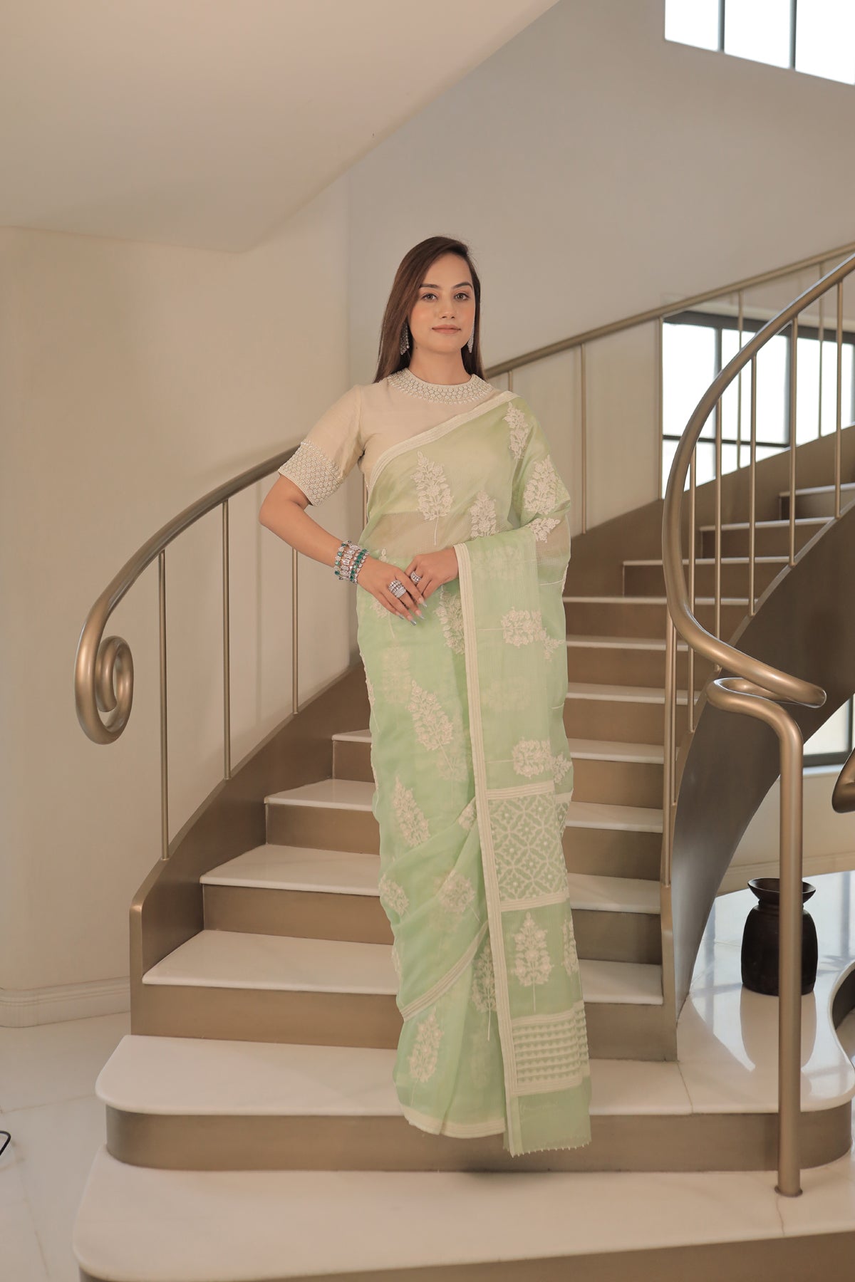 Kota Silk Off White Khadi Print With Dori Pearl Embroidery Pistachio Saree