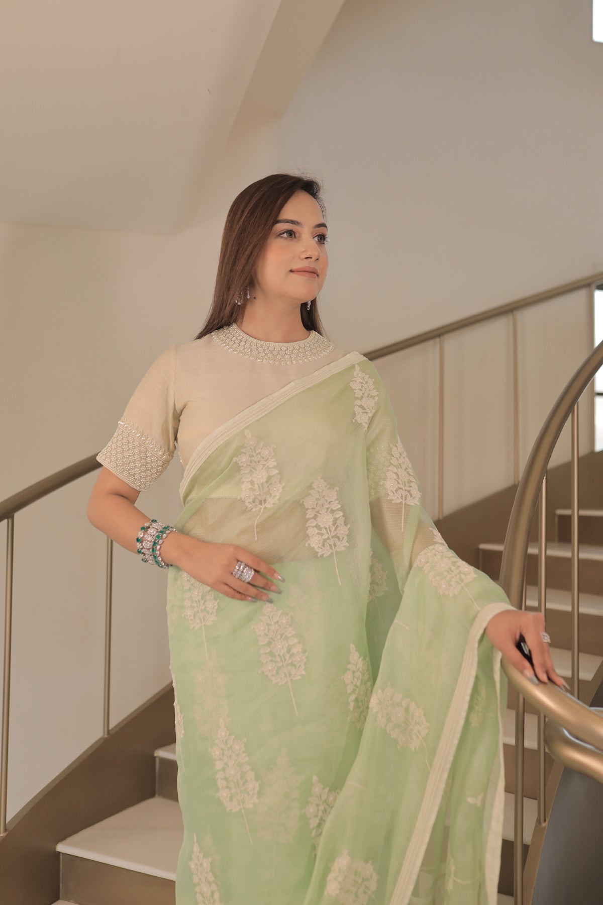 Kota Silk Off White Khadi Print With Dori Pearl Embroidery Pistachio Saree