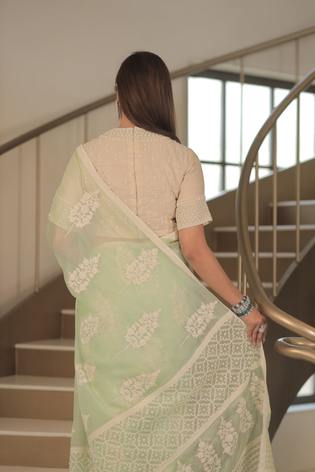 Kota Silk Off White Khadi Print With Dori Pearl Embroidery Pistachio Saree