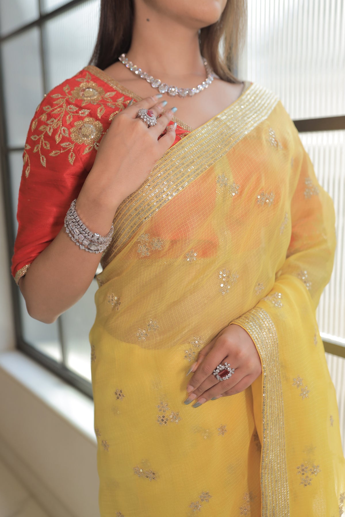 Kota Silk Zari Sequence Line Border With Cluster Flower Buti Embroidery Yellow Saree