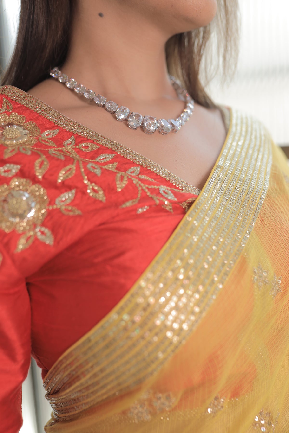 Kota Silk Zari Sequence Line Border With Cluster Flower Buti Embroidery Yellow Saree