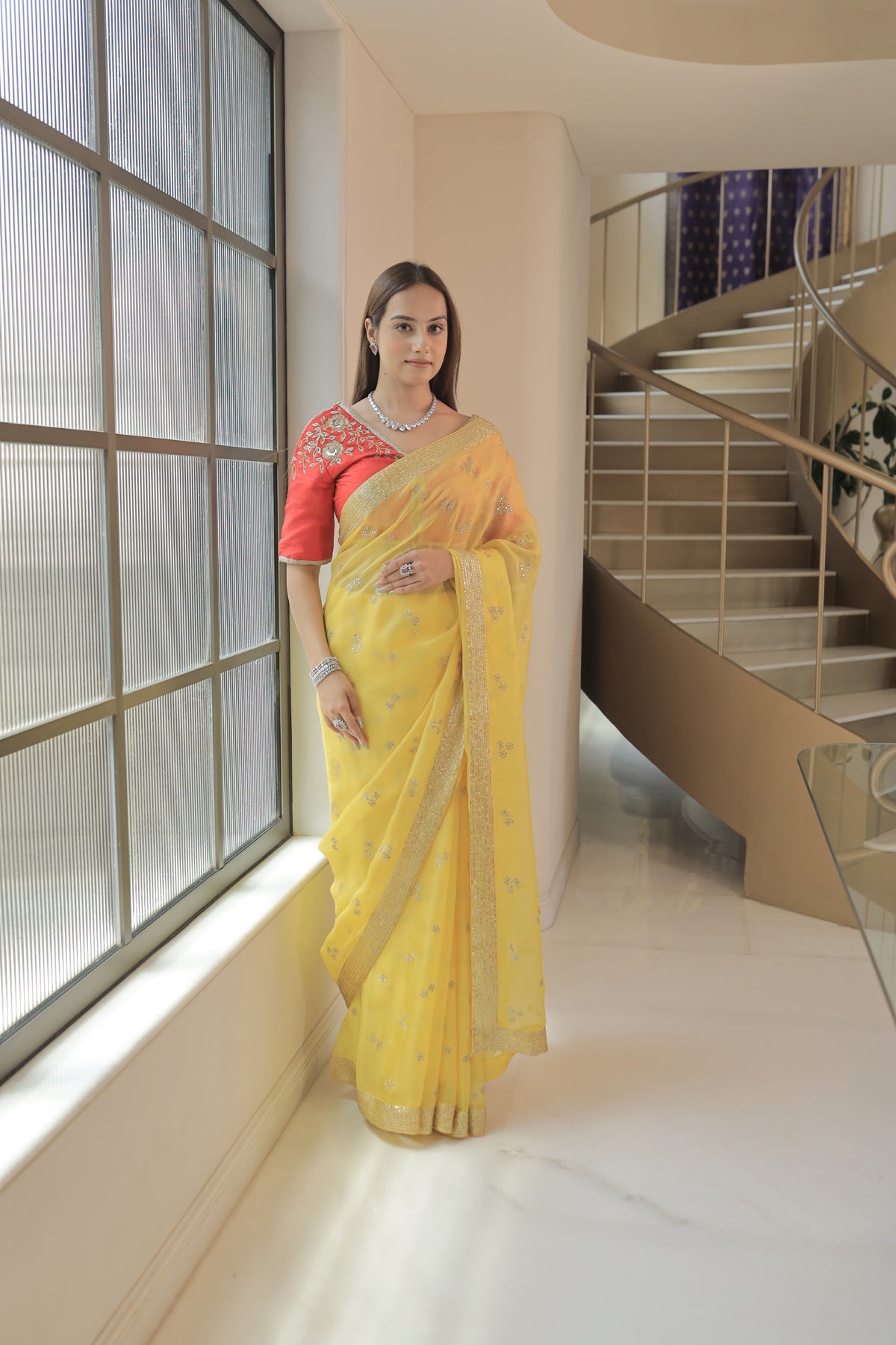 Kota Silk Zari Sequence Line Border With Cluster Flower Buti Embroidery Yellow Saree