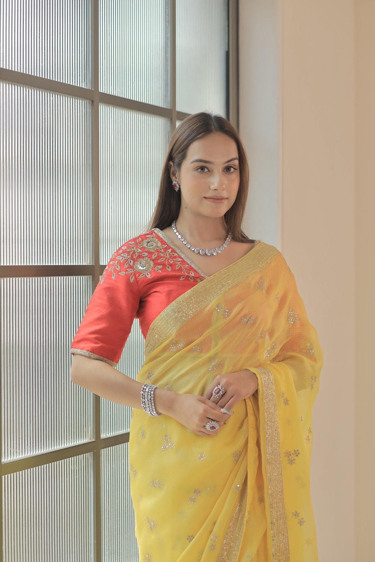 Kota Silk Zari Sequence Line Border With Cluster Flower Buti Embroidery Yellow Saree