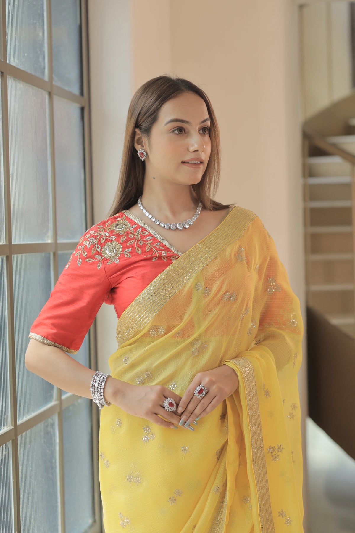 Kota Silk Zari Sequence Line Border With Cluster Flower Buti Embroidery Yellow Saree