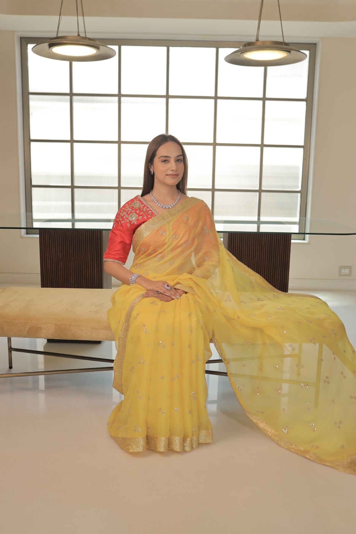 Kota Silk Zari Sequence Line Border With Cluster Flower Buti Embroidery Yellow Saree