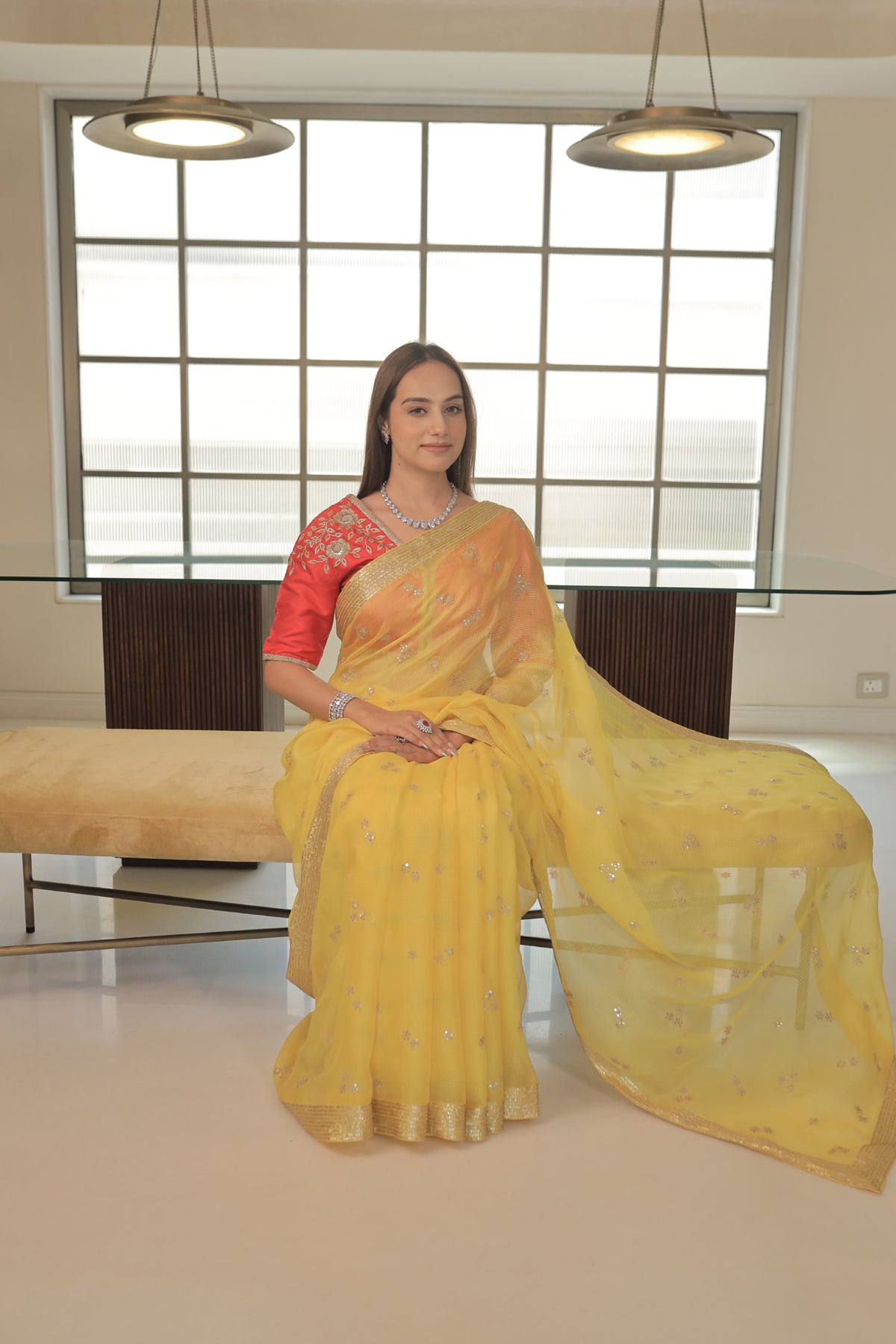 Kota Silk Zari Sequence Line Border With Cluster Flower Buti Embroidery Yellow Saree