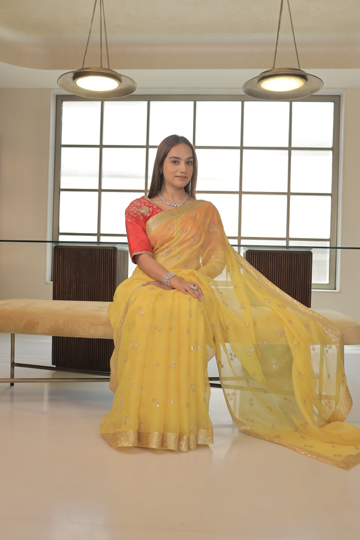 Kota Silk Zari Sequence Line Border With Cluster Flower Buti Embroidery Yellow Saree