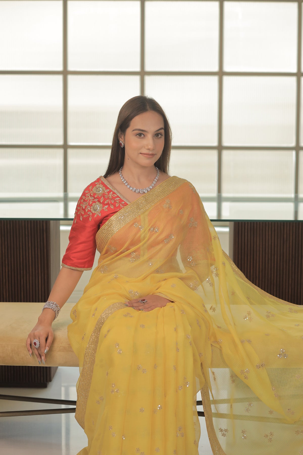 Kota Silk Zari Sequence Line Border With Cluster Flower Buti Embroidery Yellow Saree