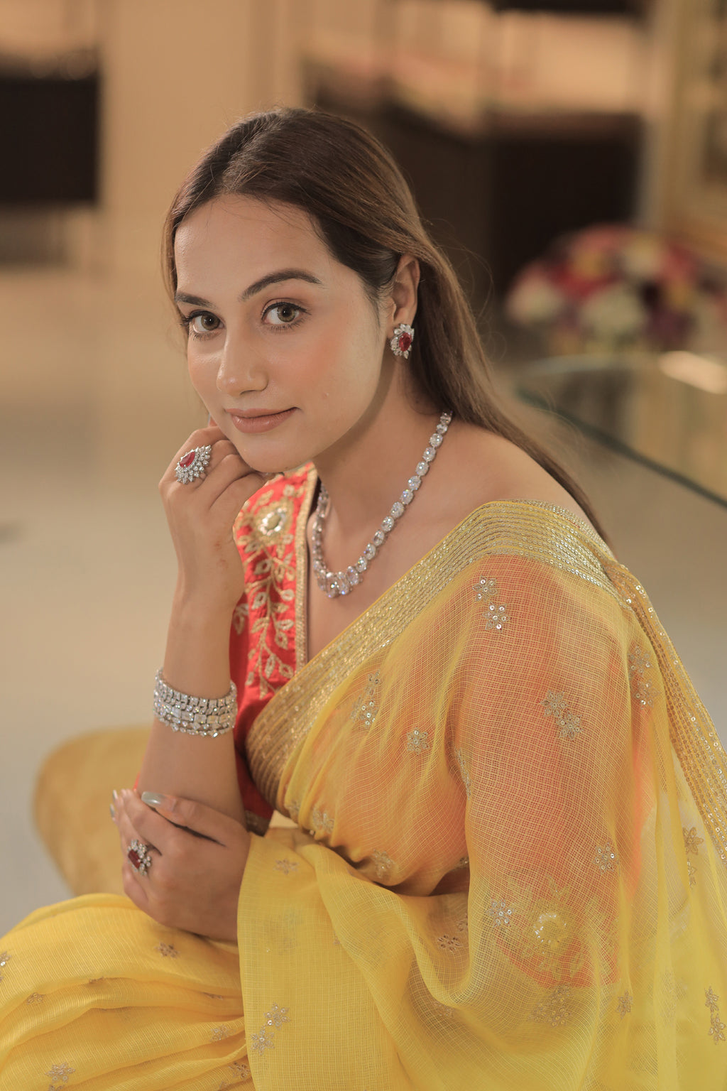 Kota Silk Zari Sequence Line Border With Cluster Flower Buti Embroidery Yellow Saree